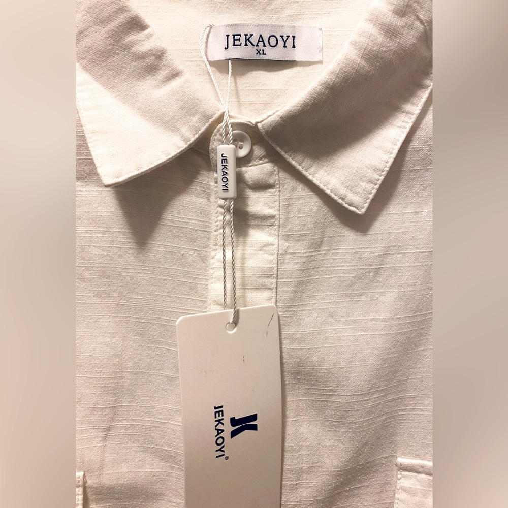 JEKAOYI Casual White Long Roll-Up Sleeve Cotton Linen Button Down Shirt~ Size XL